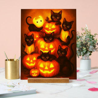 Panneau En Acrylique Citrouille d'Halloween brillant avec chat noir mig