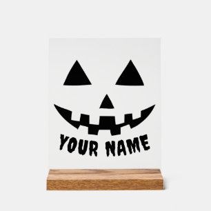 Panneau En Acrylique Citrouille personnalisé Halloween Nom noir et blan