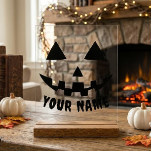 Panneau En Acrylique Citrouille Personnalisée Halloween Nom Noir & Blan