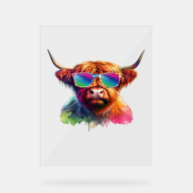 Panneau En Acrylique Classe Scottish Highland Cow, Cowboy Boots & Flowe (Recto)