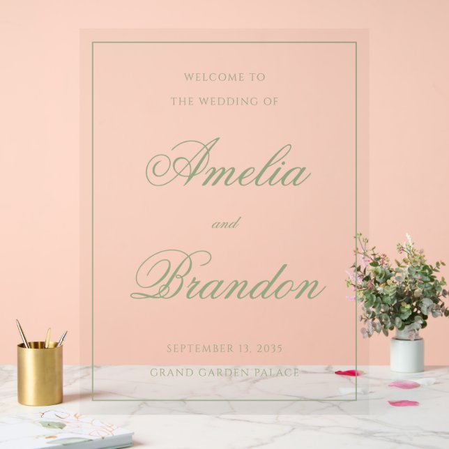 Panneau En Acrylique Classic Sage Green Script & Border Wedding Welcome (Mariage)