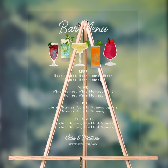 Panneau En Acrylique Cocktails & Bar de fête Boissons Menu Mariage (Neutre)