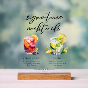 Panneau En Acrylique Cocktails Signature Sangria Mojito Menu de Mariage
