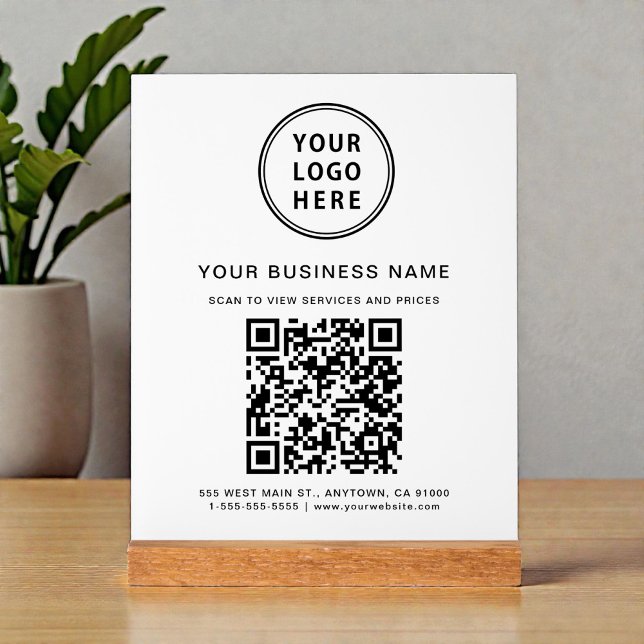Panneau En Acrylique Code et logo QR d'entreprise blanc (Business Logo Scan Me QR Code Pedestal Sign)