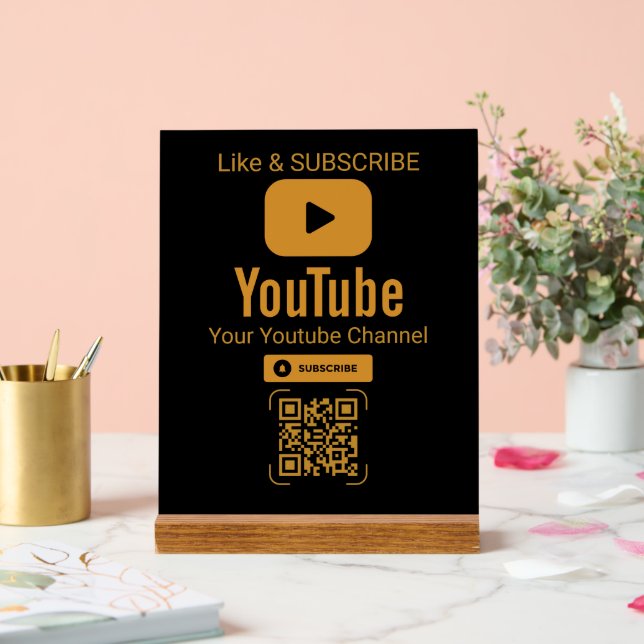 Panneau En Acrylique Code QR d'abonnement YouTube or noir (Mariage)