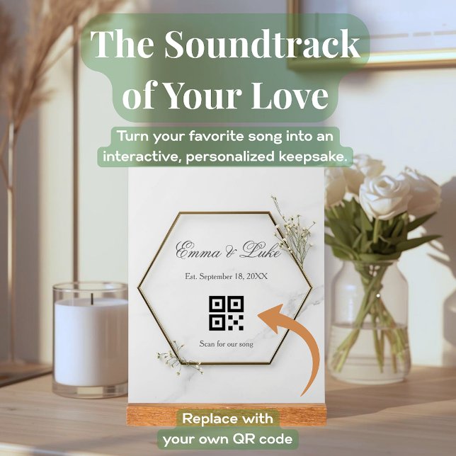 Panneau En Acrylique Code QR de chanson de mariage personnalisée Cadeau (Custom wedding song QR code acrylic block. Personalized anniversary gift with a wood stand.)