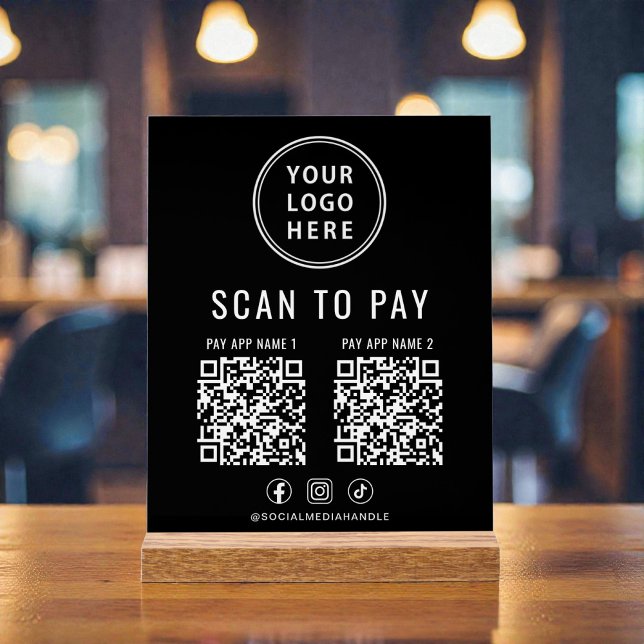 Panneau En Acrylique Code QR de paiement à scanner sur socle noir (Scan to Pay QR Code Black Tabletop Acrylic Sign)