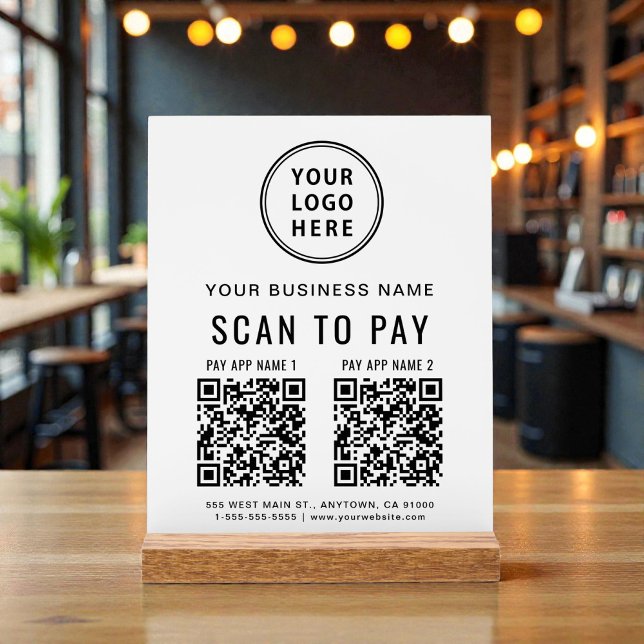 Panneau En Acrylique Code QR de paiement par balayage sur table blanche (Scan to Pay QR Code White Tabletop Acrylic Sign)
