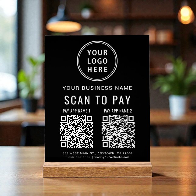Panneau En Acrylique Code QR de paiement par balayage sur table noire (Scan to Pay QR Code Black Tabletop Acrylic Sign)