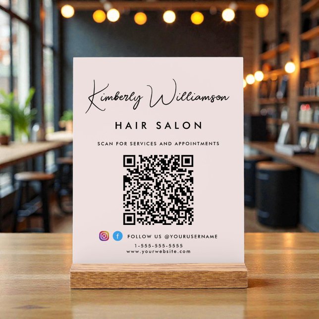 Panneau En Acrylique Code QR de signature de style commercial rose (Business Stylish Signature Script QR Code Pink Acrylic Sign)