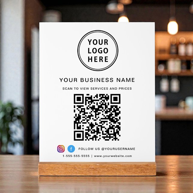 Panneau En Acrylique Code QR d'entreprise et logo blanc (Business QR Code and Logo White Acrylic Sign)
