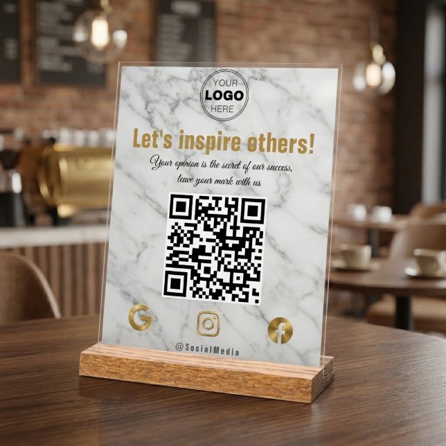 Panneau En Acrylique Code QR Entreprise Moderne Marbre Or Élégant (Elegant Marble & Gold Social Media QR Code Sign for Business)