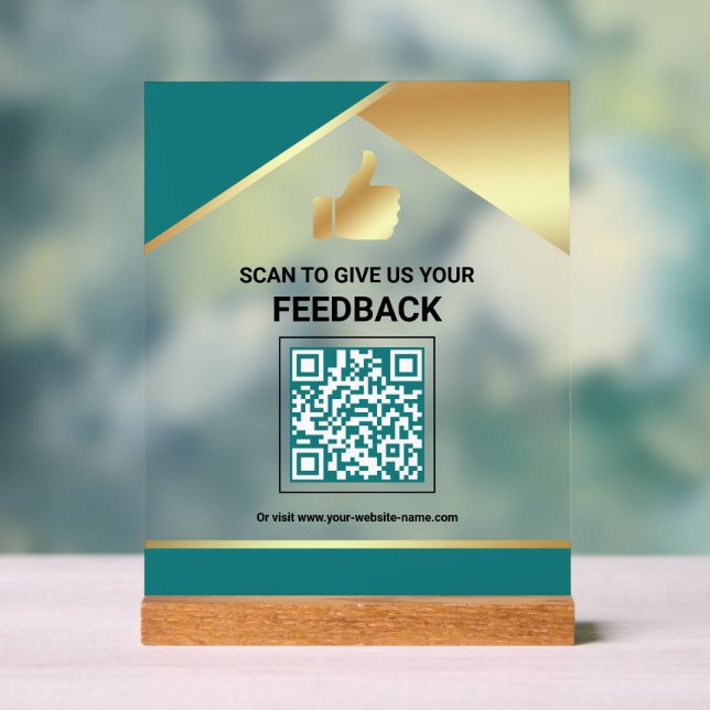 Panneau En Acrylique Code QR Or Doré Commentaire de Réaction de Client (Neutre)