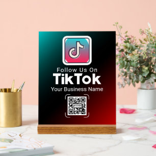 Panneau En Acrylique Code QR TikTok Rouge Sarcelle Nom de l'entreprise