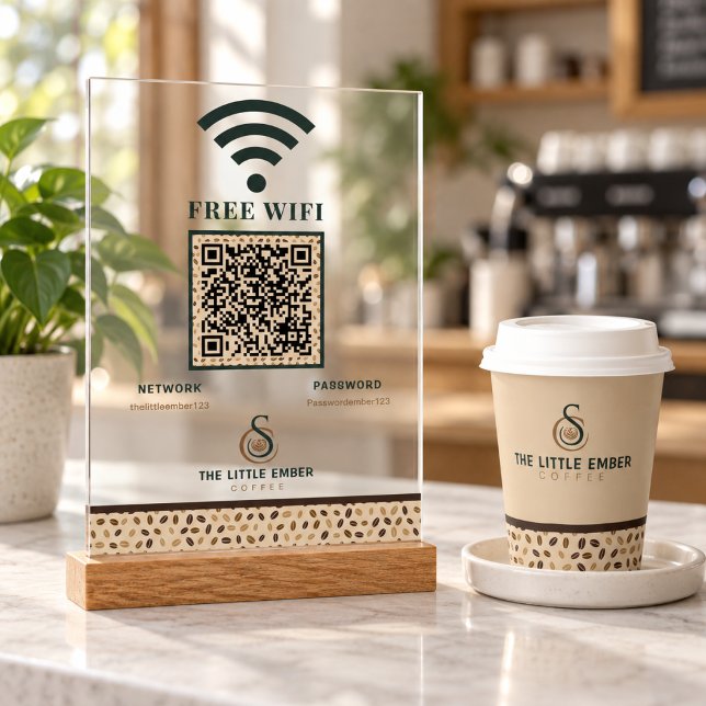 Panneau En Acrylique Code QR WiFi Café Design Grain de Café Clair (Créateur téléchargé)