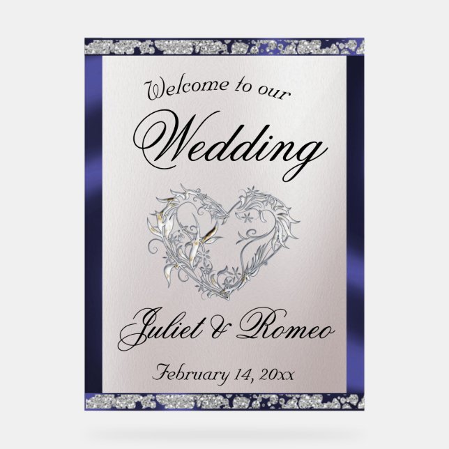 Panneau En Acrylique Coeur, ruban bleu et étincelle Bienvenue (Recto)