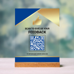 Panneau En Acrylique Commentaires des clients avec code QR or bleu roya