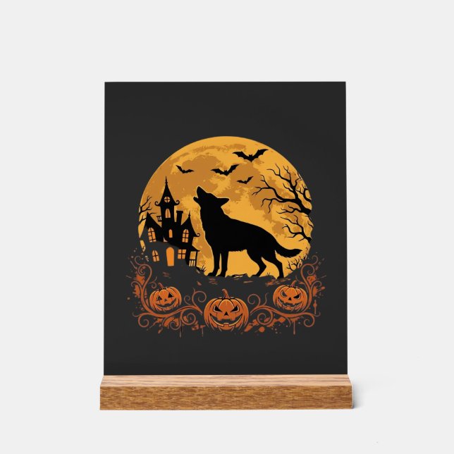 Panneau En Acrylique Conception de lune de Halloween de berger allemand (Recto)