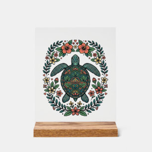 Panneau En Acrylique Conception de vecteur floral de tortue de mer vint