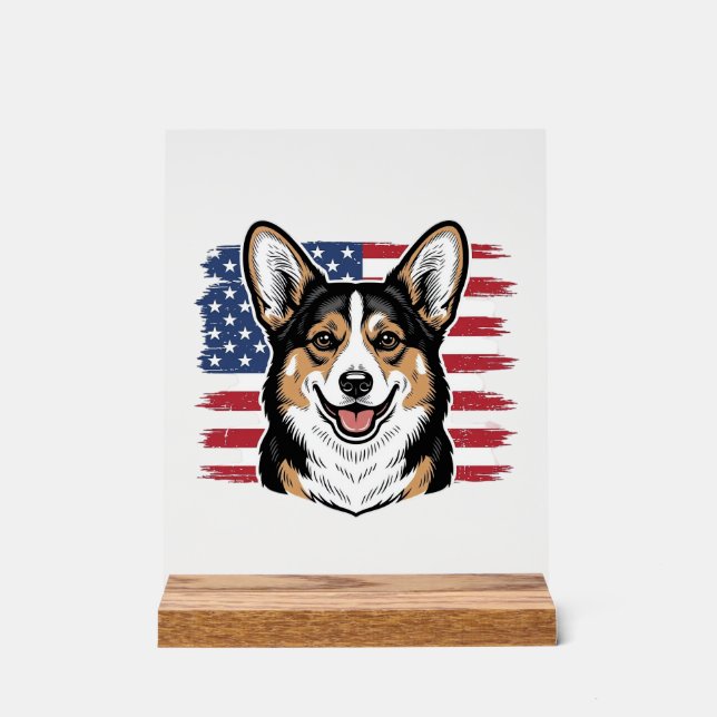 Panneau En Acrylique Corgi Patriotique Drapeau Américain Vector Vintage (Recto)