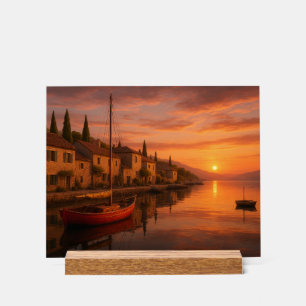 Panneau En Acrylique Coucher De Soleil Doré Sur Le Village Côtier
