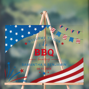Panneau En Acrylique Couple Été BBQ USA Réception de Mariage Bienvenue