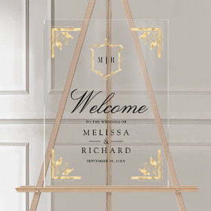 Panneau En Acrylique Couronne d'or Mariage Bienvenue