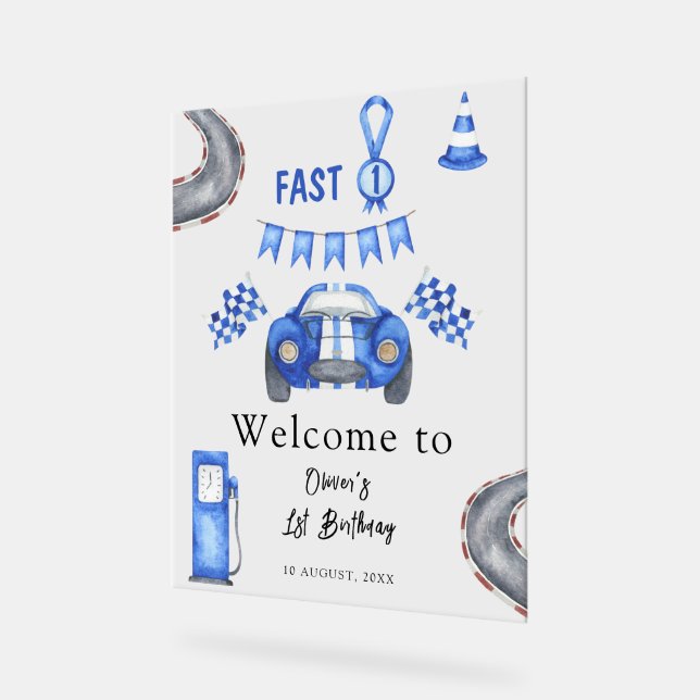 Panneau En Acrylique Course aquarelle Voiture premier anniversaire fête (Angle)