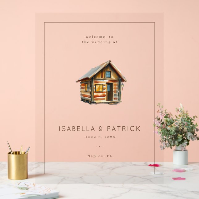 Panneau En Acrylique Cozy Rustic Watercolor Cabin (Mariage)
