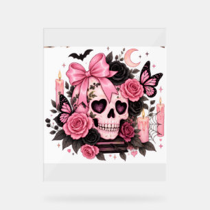 Panneau En Acrylique Crâne Coquette Gothique Ruban Rose Halloween