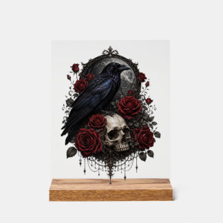 Panneau En Acrylique Crâne de corbeau gothique et décor d'art sombre de