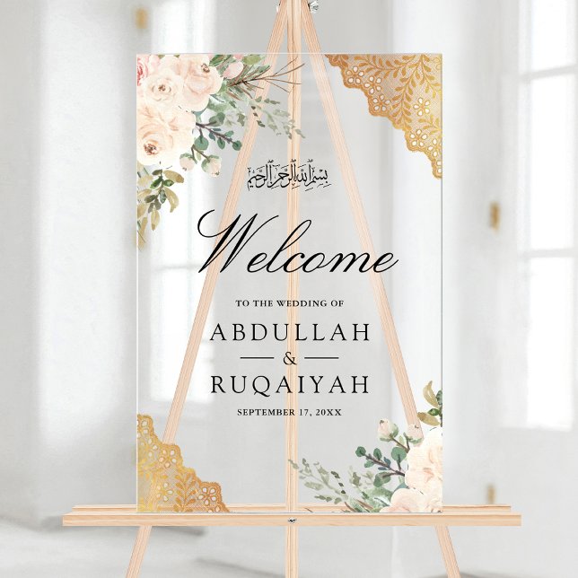 Panneau En Acrylique Cream Roses Gold Lace Muslim Wedding Welcome (Créateur téléchargé)