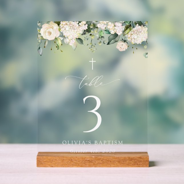Panneau En Acrylique Cream White Flowers, Boho, Baptism Table Numbers (Neutre)