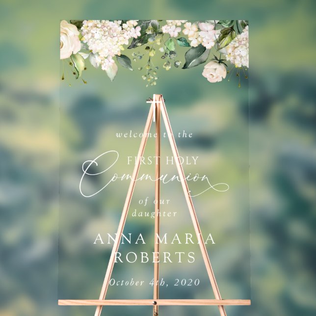 Panneau En Acrylique Cream White Flowers, First Holy Communion Welcome (Neutre)
