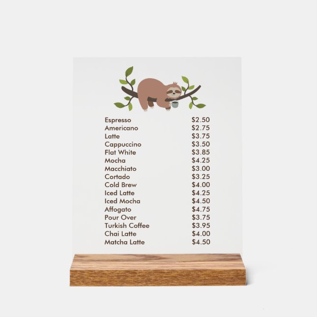 Panneau En Acrylique Custom Acrylic Pedestal Menu Sign with Sloth  (Recto)