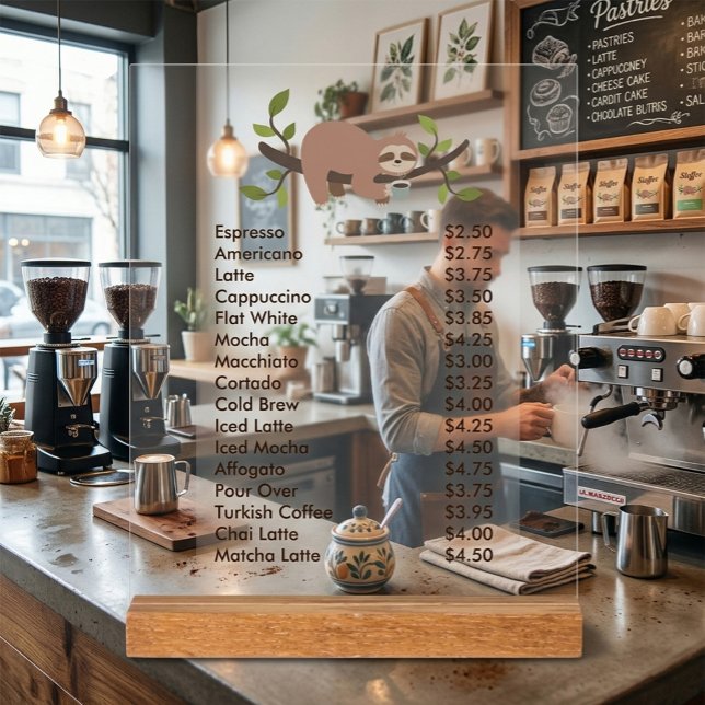 Panneau En Acrylique Custom Acrylic Pedestal Menu Sign with Sloth  (Créateur téléchargé)