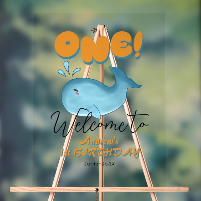 Panneau En Acrylique Cute Baby Blue Whale 1st Birthday Welcome (Neutre)