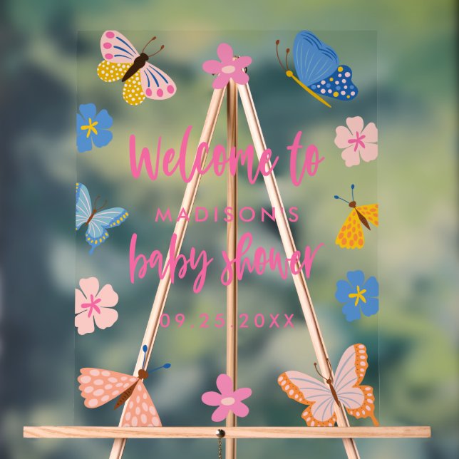 Panneau En Acrylique Cute Butterflies Baby Shower Welcome (Neutre)