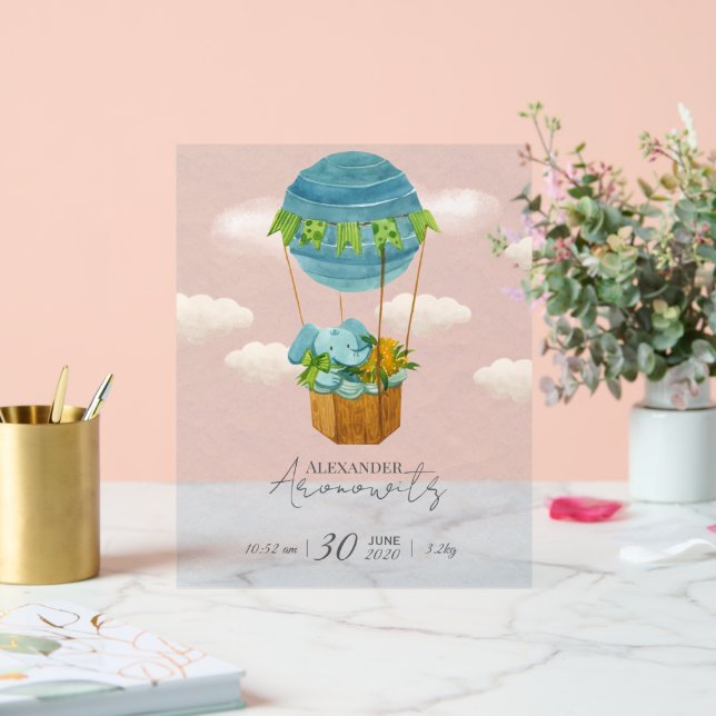 Panneau En Acrylique Cute Elephant Hot Air Balloon Baby Birth Announcem (Mariage)