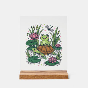Panneau En Acrylique Cute Frog Riding Turtle Pond Vintage Vector Art_1