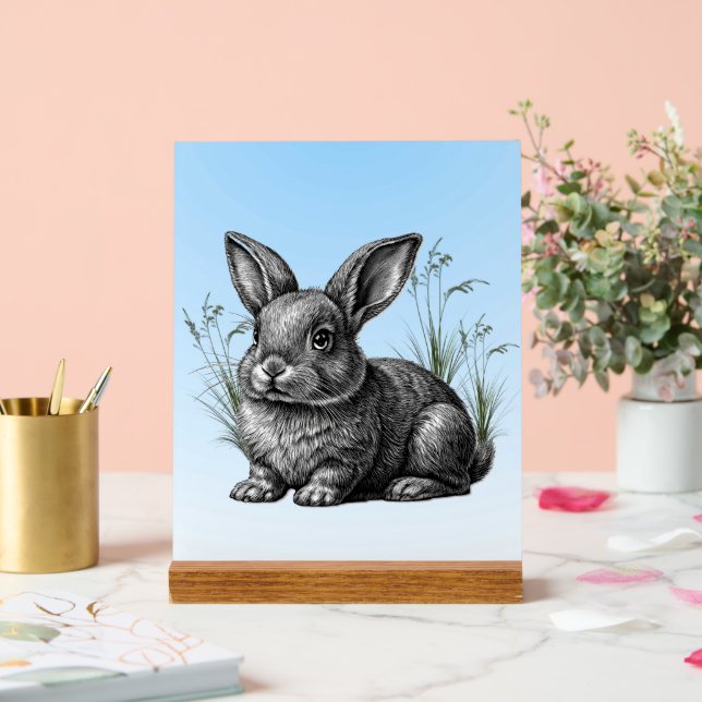 Panneau En Acrylique Cute Grey Rabbit contre un ciel bleu (Mariage)