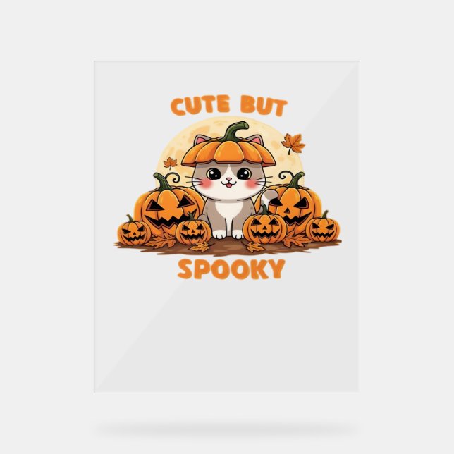 Panneau En Acrylique Cute Halloween Chat avec Citrouilles - Kawaii Éffr (Recto)