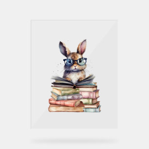 Panneau En Acrylique Cute Lecture Bunny Avec Lunettes Livres Vêtements