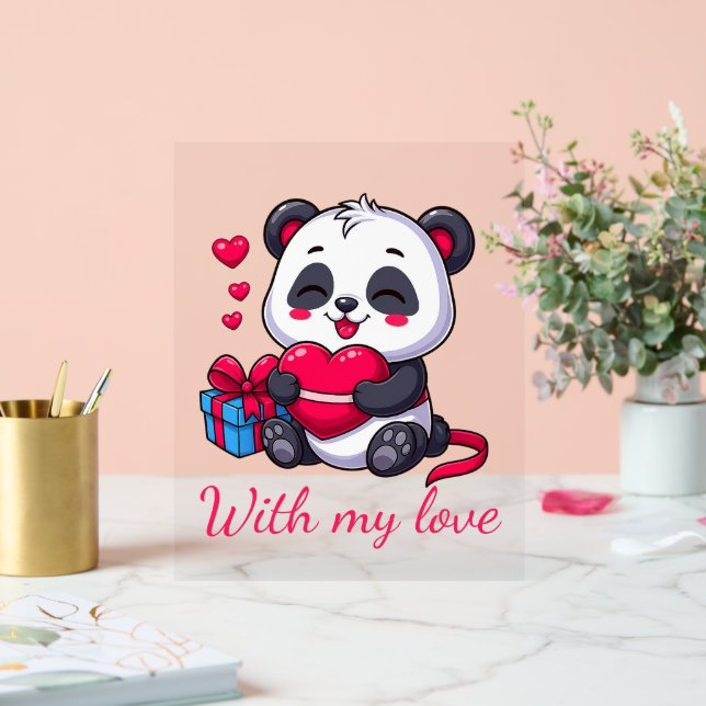 Panneau En Acrylique Cute Panda Hugging Heart (Mariage)