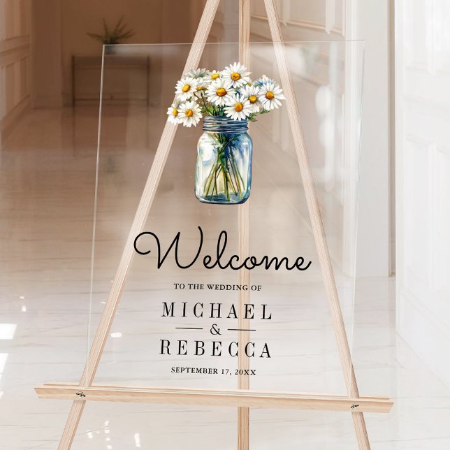 Panneau En Acrylique Daisies Floral Mason Jar Wedding Welcome (Créateur téléchargé)