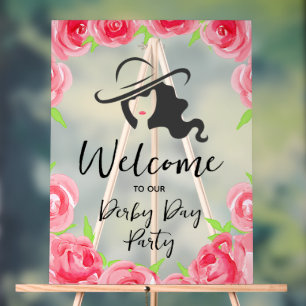Panneau En Acrylique Dame chapeau derby Silhouette et roses Bienvenue