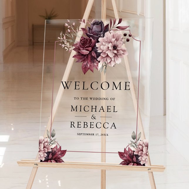 Panneau En Acrylique Dark Moody Floral Frame Wedding Welcome (Créateur téléchargé)