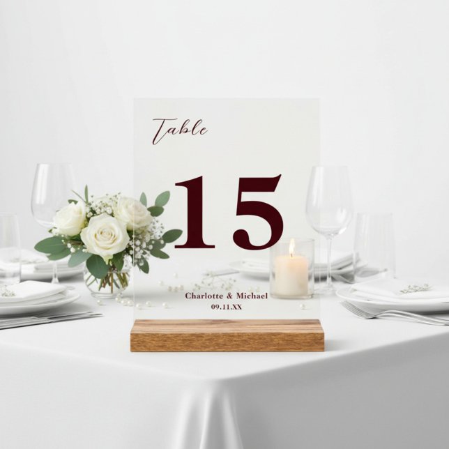 Panneau En Acrylique Deep Burgundy Minimalist Wedding Table Number (Créateur téléchargé)