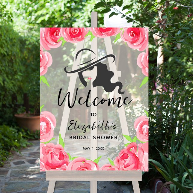 Panneau En Acrylique Derby Fête des mariées Casquette et Rose Bienvenue (Lady in Derby hat and roses border bridal shower acrylic welcome sign)