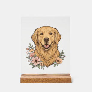 Panneau En Acrylique Design de gravure vintage floral Golden Retriever_